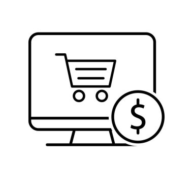 Pazarlama ikonu. E-ticaret. Alışveriş arabası ve dolar ile monitör. Ürün, promosyon, piyasa. Tasarım biçimi.