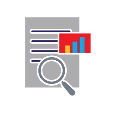 Pazarlama ikonu. Anahtar kelime araştırması. Anahtar kelime listesinde büyüteç ve grafik. Ürün, promosyon, piyasa. Düz tasarım biçimi.