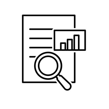 Pazarlama ikonu. Anahtar kelime araştırması. Anahtar kelime listesinde büyüteç ve grafik. Ürün, promosyon, piyasa. Tasarım biçimi.