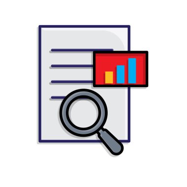 Pazarlama ikonu. Anahtar kelime araştırması. Anahtar kelime listesinde büyüteç ve grafik. Ürün, promosyon, piyasa. Isometric tasarım biçimi.