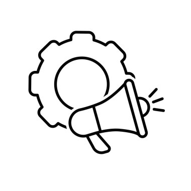 Pazarlama ikonu. Otomatik pazarlama. Üzerinde megafon ya da pazarlama sembolü olan bir vites. Ürün, promosyon, piyasa. Tasarım biçimi.
