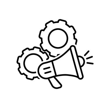 Pazarlama ikonu. Otomatik pazarlama. Megafonlu iki vites. Ürün, promosyon, piyasa. Tasarım biçimi.