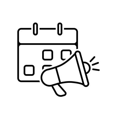 Pazarlama ikonu. Pazarlama Takvimi. Megafon ikonuyla takvim. Ürün, promosyon, piyasa. Tasarım biçimi.