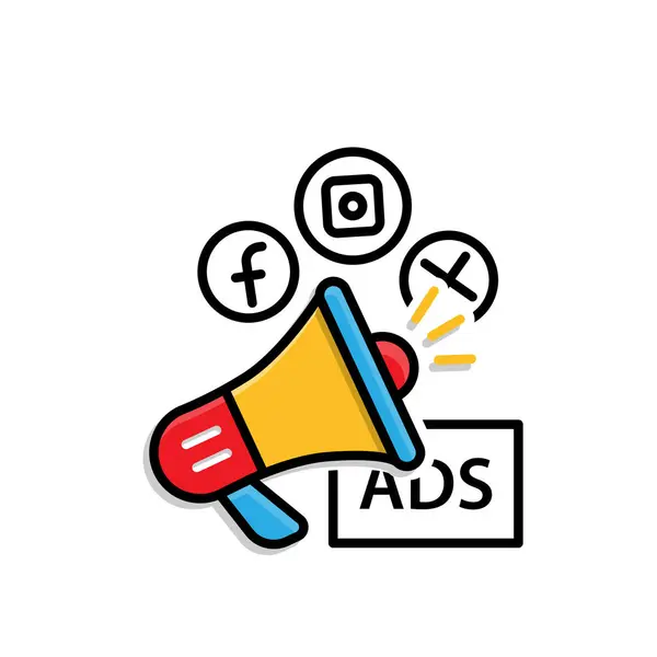 Pazarlama ikonu. Sosyal medya ve reklamcılık ile megafon. Ürün, promosyon, piyasa. Karışık tasarım biçimi.