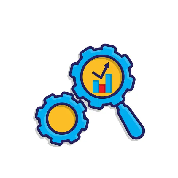 Pazarlama ikonu. Otomatik analiz. Vitesli ve grafikli büyüteç. Ürün, promosyon, piyasa. Isometric tasarım biçimi.