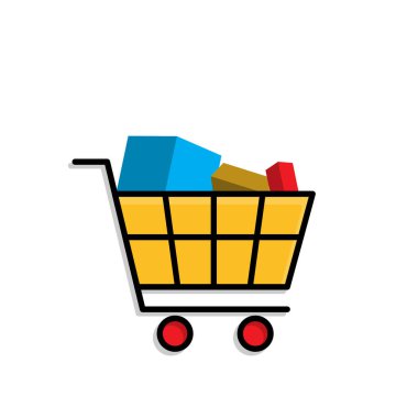 Alışveriş arabası ikonu. E-ticaret ve terfiler. Üzerinde tekerlekler ve eşyalar olan el sepeti. Dükkan, satış, market. Isometric tasarım biçimi.