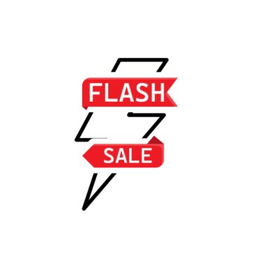Flash Sale ikonu. E-Ticaret ve Terfi. Kurdele üzerinde flaş satış başlığı olan şimşek sembolü. Pazar, satış, satın alma. karışık tasarım biçimi.
