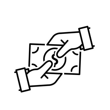 Ödeme ikonu. Ödeme yöntemleri ve e-ticaret. İki el, bir dolarlık banknot alışverişi yapıyor. Dükkan, satış, market. özet tasarım biçimi.