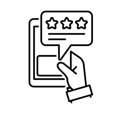 Simgeyi gözden geçir. E-ticaret. Elindeki telefondan yıldızlı mesaj balonu çıkıyor. Dükkan, satış, market. özet tasarım biçimi.