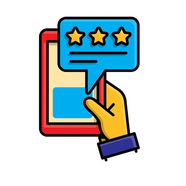 Simgeyi gözden geçir. E-ticaret. Elindeki telefondan yıldızlı mesaj balonu çıkıyor. Dükkan, satış, market. Isometric tasarım biçimi.