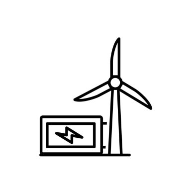 Yenilenebilir ikon. Sürdürülebilirlik vektörü. Enerji bataryalı rüzgar türbini. Yeniden kullan, geri dönüştür, web simgesi. özet tasarım biçimi