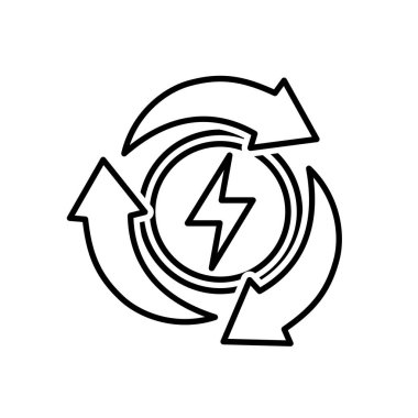 Geri dönüşüm simgesi. Sürdürülebilirlik vektörü. Merkezinde enerji sembolü olan üç geri dönüşüm oku. Yeniden kullan, geri dönüştür, web simgesi. özet tasarım biçimi.