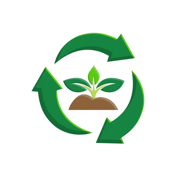 Geri dönüşüm simgesi. Sürdürülebilirlik vektörü. Ortasında bitki olan üç geri dönüşümlü ok. Yeniden kullan, geri dönüştür, web simgesi. Isometric tasarım biçimi.
