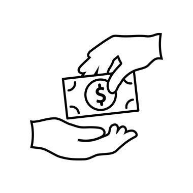 işlem simgesi. Para için. İki el para verir ve alır. Ödeme, iş, nakit. Tasarım biçimi