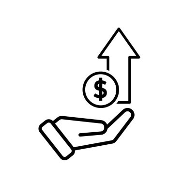 Para ikonu. Döviz artırımı sembolü. Bir dolar ve yukarı ok ile el. Ödeme, iş, nakit. Tasarım biçimi.
