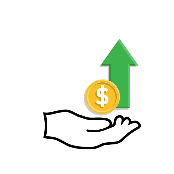 Para ikonu. Para artışı. Bir dolar ve yukarı ok ile el. Ödeme, iş, nakit. Karışık tasarım biçimi.