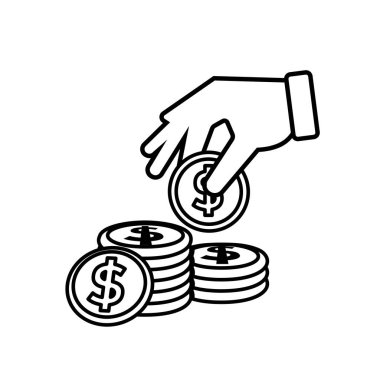 Para ikonu. Dolar sembolü. Bir yığın altın para ve onları toplayan bir el ile yeşil banknotlar. Ödeme, iş, nakit. Tasarım biçimi.