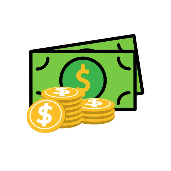 Para ikonu. Dolar sembolü. Yığınla altın ve yeşil banknot. Ödemeler, iş, nakit. Düz tasarım biçimi.
