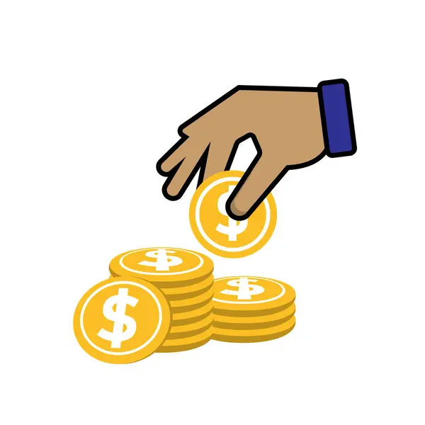 Para ikonu. Dolar sembolü. Bir yığın altın para ve onları toplayan bir el ile yeşil banknotlar. Ödeme, iş, nakit. Düz tasarım biçimi.