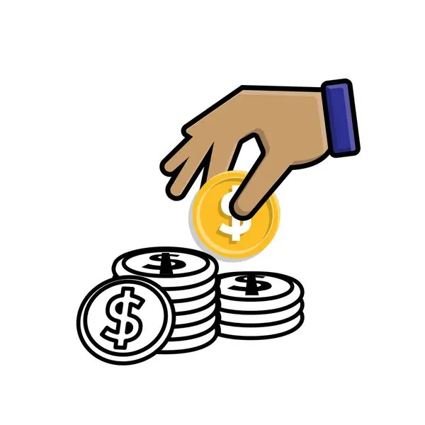 Para ikonu. Dolar sembolü. Bir yığın altın para ve onları toplayan bir el ile yeşil banknotlar. Ödeme, iş, nakit. Karışık tasarım biçimi.