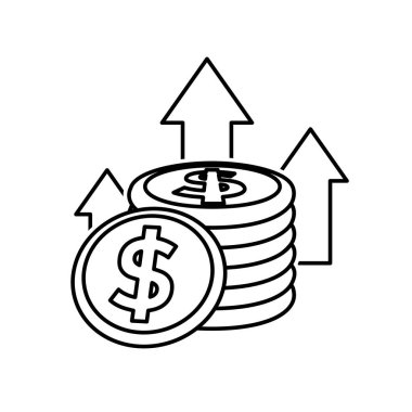 Para ikonu. Para artışı. Yükselen bir okla bir yığın bozuk para. Ödemeler, iş, nakit. Tasarım biçimi.