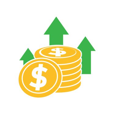 Para ikonu. Para artışı. Yükselen bir okla bir yığın bozuk para. Ödemeler, iş, nakit. Düz tasarım biçimi.