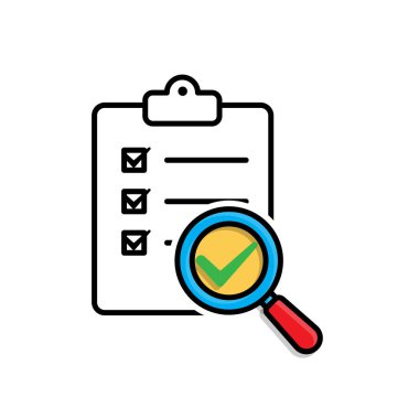 Değerlendirme simgesi. Yönetimden. Büyüteçli ve işaretli değerlendirme kağıdı. Ofis, çözümler, analiz. karışık tasarım biçimi.