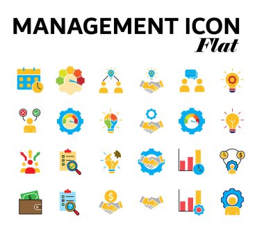 Management icon set. decision, budgeting, resource, innovation, evaluation, etc. Office, solutions, analysis. flat design style.
