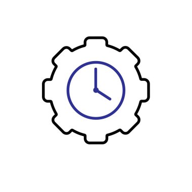 Otomasyon simgesi. Yapay zeka. Ortasında saat olan bir vites. Otomatik, optimizasyon, kolaylık. Tasarım biçimi.