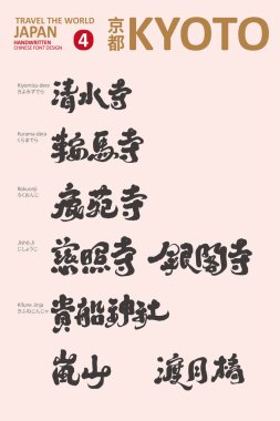 Design of Chinese character titles of characteristic sightseeing spots in Kyoto 4, historical sites, humanities, sightseeing and tourism promotion, vector text material. clipart