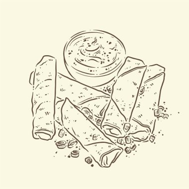 Makarna kızartması, Çin böreği, Asya geleneksel yemekleri, gurme çizimleri, çizgi tarzı..