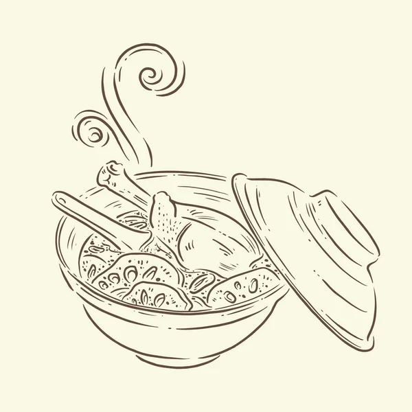 Hühnersuppe Mit Lotuswurzel Chinesisches Essen Gourmet Illustration Linienstil — Stockvektor