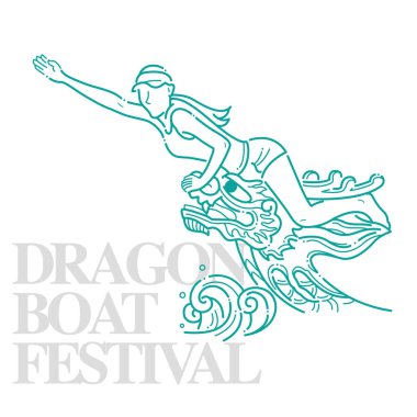 Ejderha teknesindeki kadınlar bayrağı kapmaya hazır, Ejderha Botu Festivali, çizgi tarzı festival illüstrasyonları.