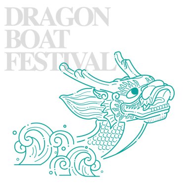 Ejderha Botu Festivali için ejderha teknesi, ejderha kafasının detaylı çizimi, çizgi tarzı illüstrasyon..