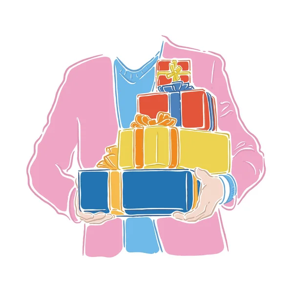 Homme Tenant Nombreux Cadeaux Illustration Vectorielle Noël Nouvel — Image vectorielle
