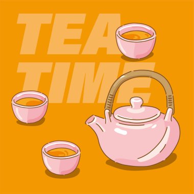 Güzel bir tarzla, manga tarzıyla, çay reklamlarıyla, Asya çay takımıyla çaydanlığın tasviri.