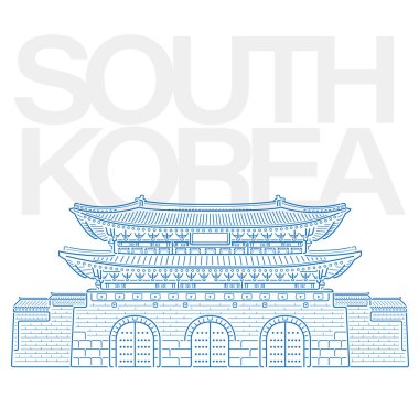 Geleneksel mimari çizgisi çizimi, Kore tarihi şehir duvarı kapısı, bina diyagramı, gezi teması.