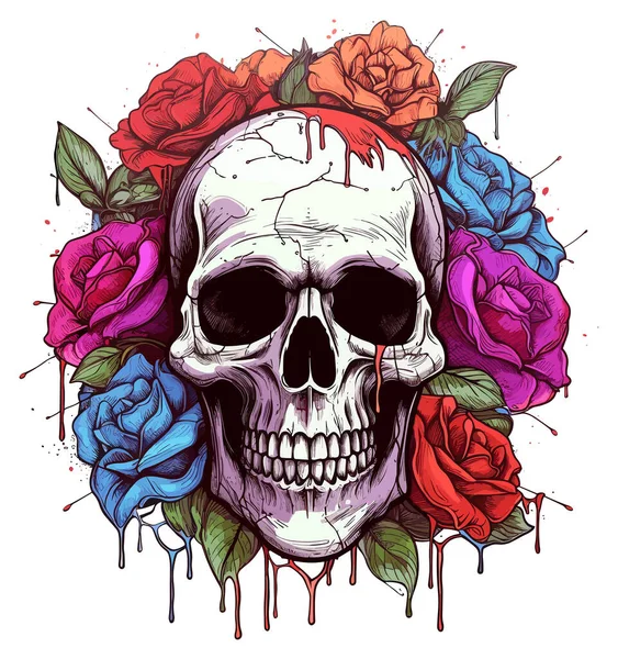 骷髅与五彩缤纷的玫瑰 在涂鸦风格 严酷的现实主义 五彩斑斓的漫画 — 图库矢量图片