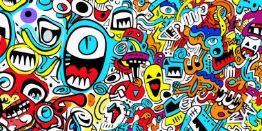 Graffiti el karalama canavarları kusursuz desen çizdi. Arkaplan karalama vektörü çizimi
