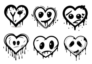 Graffiti sad heart black and white face with a spitting puddle, in the style of graffiti-style, tattoo, healing heart, simple designs, street art, drips and splatter