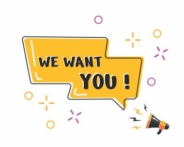 Megafonla konuşma balonu yapmanı istiyoruz. vektör illüstrasyonu