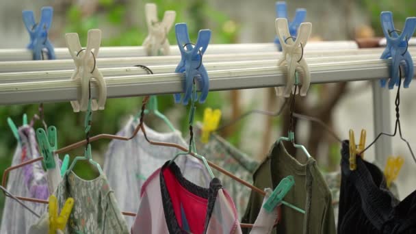Close Shot Cloth Drying Rack Hanging Garments Shorts Running Shirt — Stock Video