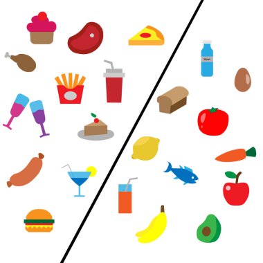 Sağlıklı ve kötü yemek çizimi. Vektör illüstrasyonu