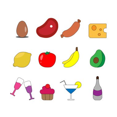 Besin bağlantılı vektör simgelerinden oluşan basit bir set. Vektör illüstrasyonu