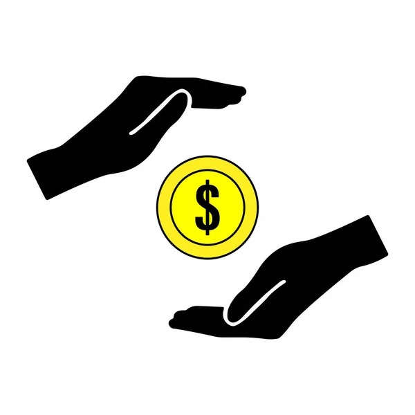 Δύο Χέρια Προστατεύουν Νόμισμα Εικονογράφηση Διάνυσμα Απομονώνονται Λευκό Φόντο Και — Διανυσματικό Αρχείο