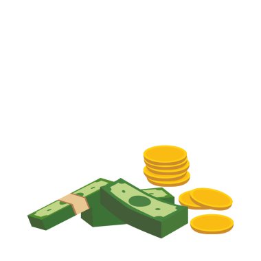 3 boyutlu para ve bozuk para yığını. Beyaz arkaplanda vektör illüstrasyonu yapıldı