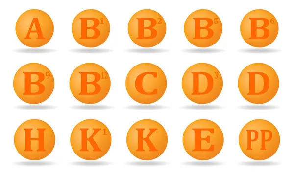 Multivitamin kompleksi simgeleri seti. A, B, B1, B2, B3, B5, B6, B9, B12, C, D, D3, E, K, H, K1, PP.
