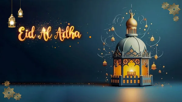 Illustrazione Vettoriale Eid Adha Mubarak Biglietto Auguri Con Moschea Lanterna — Foto Stock