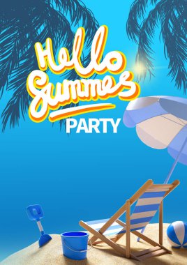 Plajda şişme top, güneş gözlüğü, şapka ve şişirilebilir şilte olan yaz plajı parti posterinin vektör çizimi.
