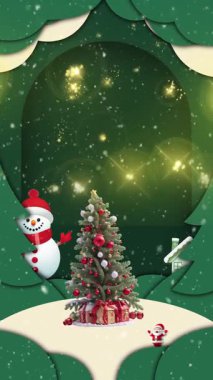 3 d Noel ağacı ve mutlu noeller mesajı ile kardan adam.